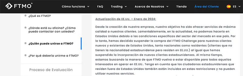 Información página oficial de FTMO